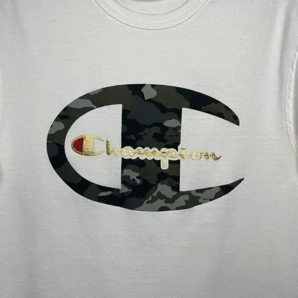 CHAMPION Mens White Big-C T-Shirt Small S Green Camouflage Logo - Picture 2 of 7